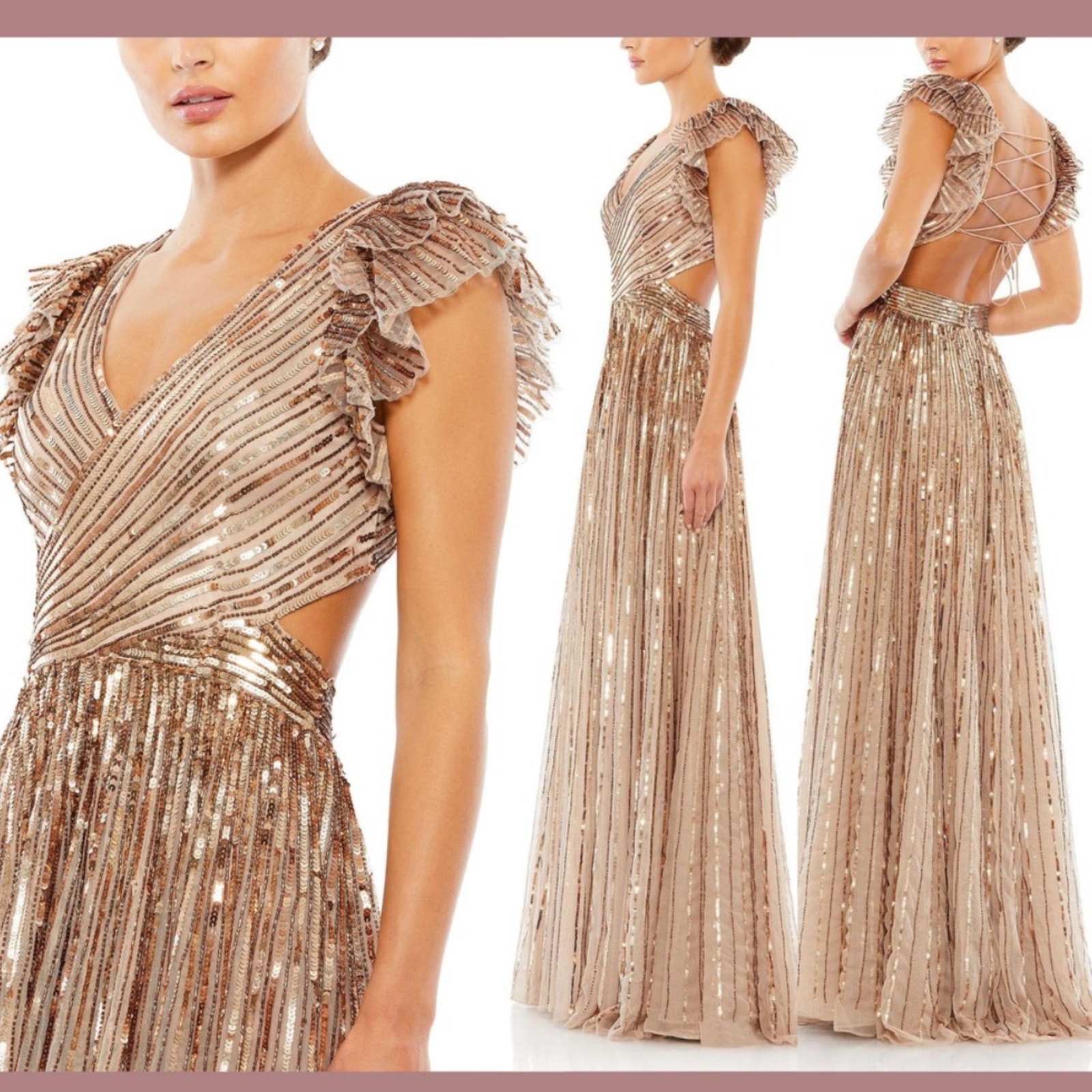 Mac Duggal Nwt Sequin Cut Out Ruffle Sleeve Lace Up Gown Copper Size 0 V-Neck